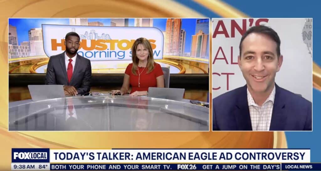 A PR expert being interviewed on a morning talk show by two journalists